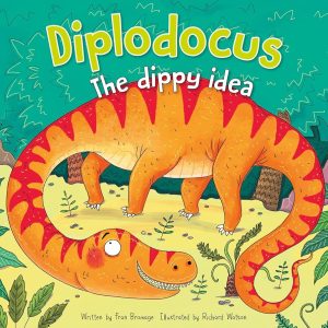 "Diplodocus: The Dippy Idea" book cover by Miles Kelly, showing an illustrated Diplodocus in a jungle setting.