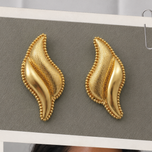 Pair of yellow gold coloured petal shaped statement earrings with a beaded edge and dotted texture